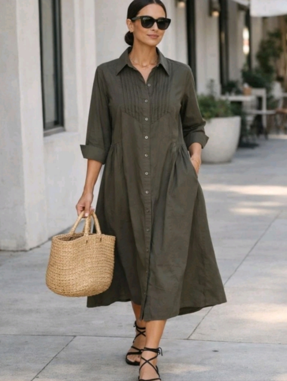 MAYE Olive Cotton Pintuck Button Shirt Dress Small Utility Minimalist Safari